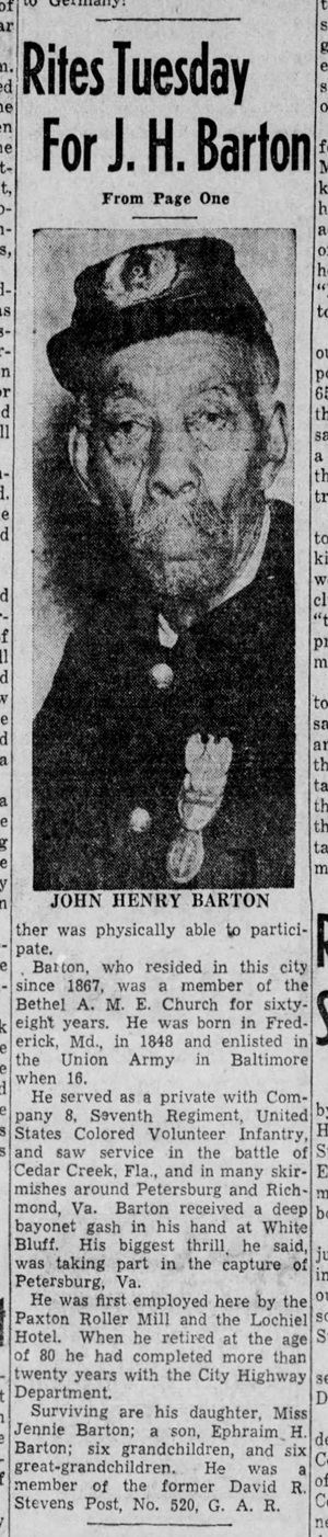 Part 2 of newspaper death notice of John H. Barton, 1942.