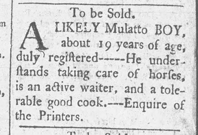 1788 advertisement from the Carlisle Gazette offering for sale a young man.
