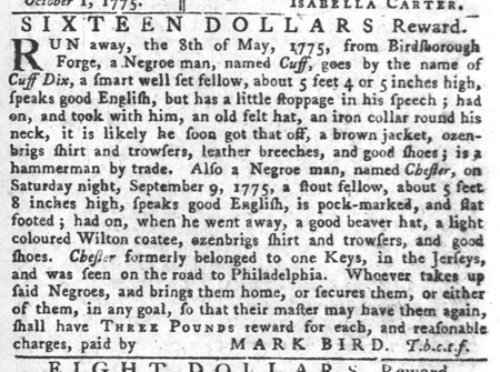 1775 escaped slave ad for Cuff Dix and Chester.