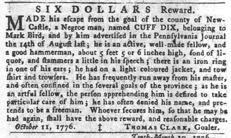 Cuff Dix has again escaped from a Delaware jail, 1776.