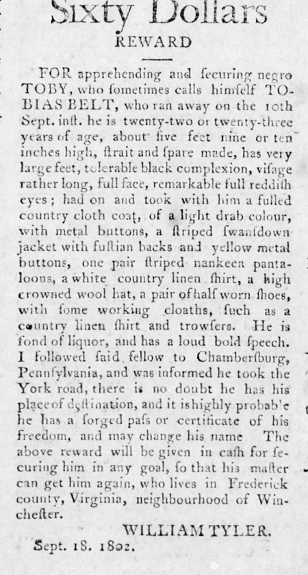 Carlisle, PA advertisement for a runaway slave from Winchester who was tracked to Chambersburg.