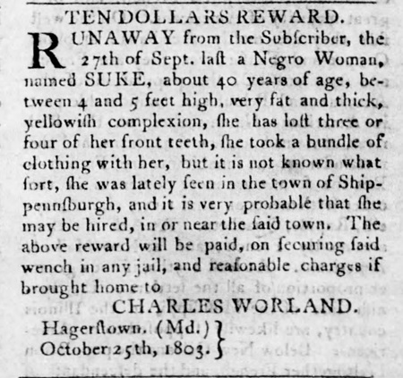 1803 Carlisle Ad for an escaped Maryland slave, Suke.