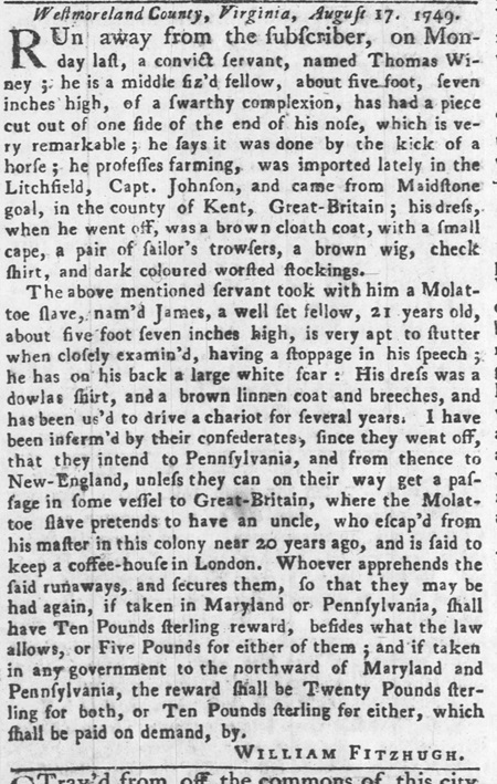 1749 Virginia Ad for two escapees, one white, one Black.