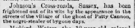 1879 report of sightings of the ghost of kidnapper Patty Cannon.