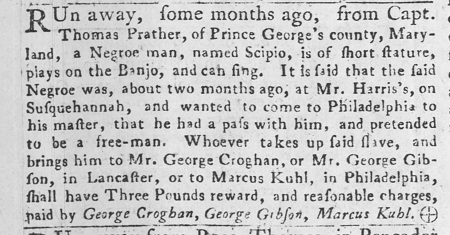 Advertisement placed by Capt. Thomas Prather to recapture Scipio, 1749.