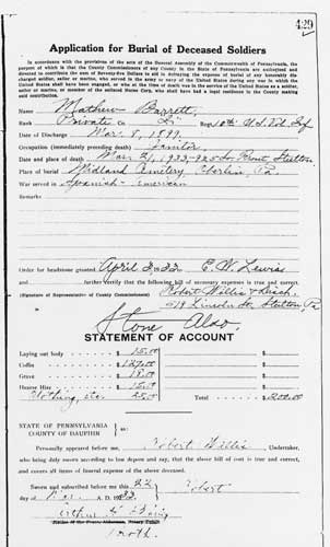 Application for Burial of Veteran Mathew Barrett