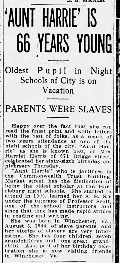 News item from Harrisburg, Pennsylvania about a formerly enslaved woman attending night school and celebrating her 66th birthday