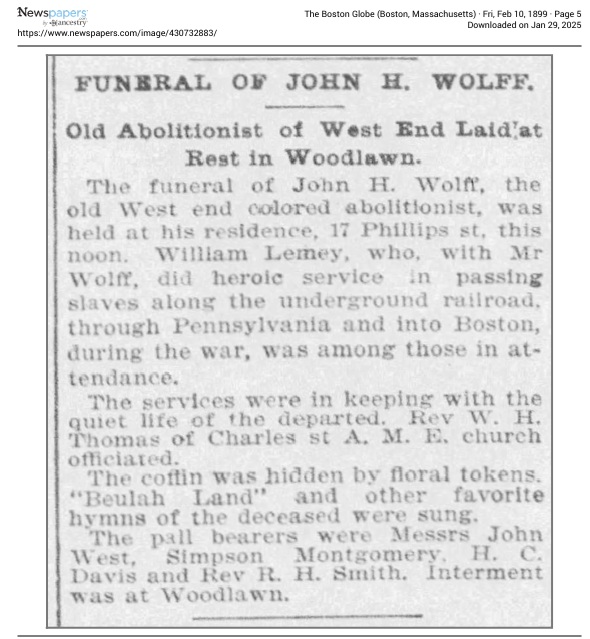 News article of the burial of John H. Wolff in Woodlawn Cemetery, Boston