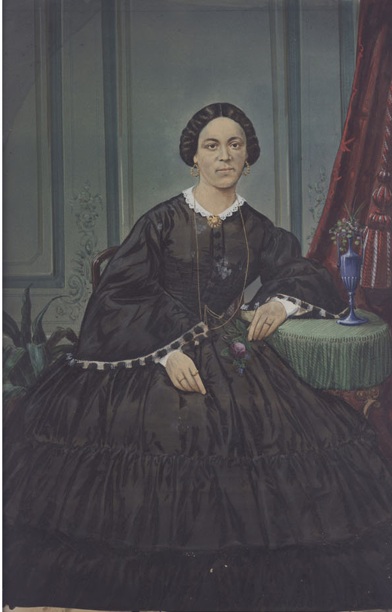 Colorized photographic image of a seated distinguished looking African American woman, circa early 1880s.