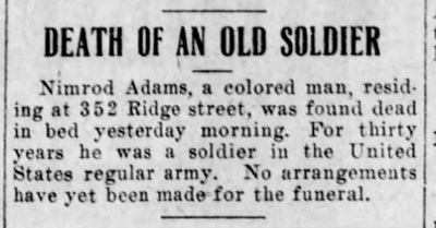 Death notice for Nimrod Adams, Steelton, PA, March 1909