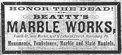 Historic advertisement for Beatty's Marble Works, Harrisurg.  From Boyd's Harrisburg City Directory, 1878-1879, front cover, inside.