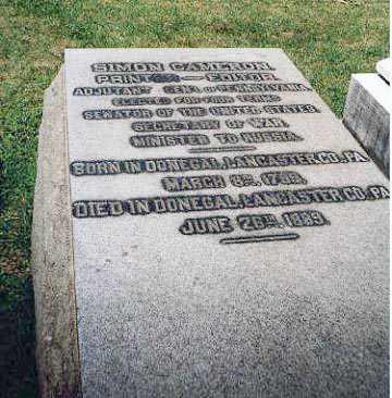 Grave of Simon Cameron, which details his life's work.