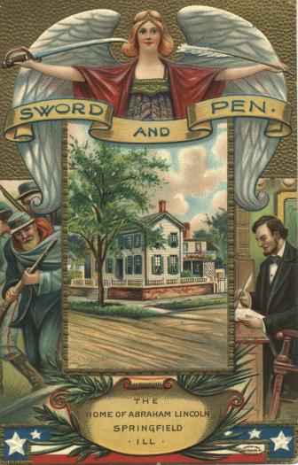 Fig 3 - Titled Sword and Pen, this postcard depicts the dual nature of Lincoln's struggle to win the Civil War