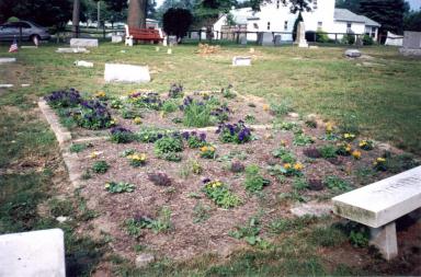 A large family burial plot planted with summer annual flowers
