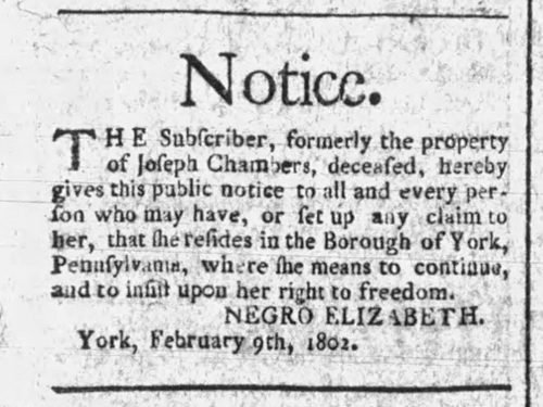 February 1802 news advertisement from a free Black Woman in York, Pennsylvania, claiming her freedom.