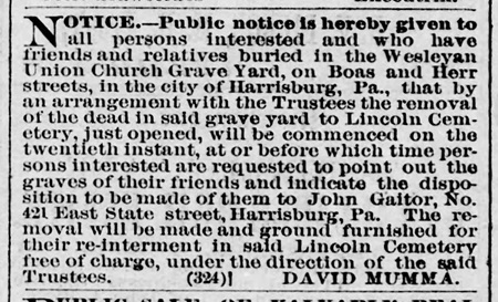 Public notice in 1877 to disinter burials from the Boas Street Cemetery for reinterment at Lincoln.