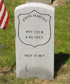 U.S. government tombstone of Pvt. John Harvey, 6th USCI, Company B.  Photo by William Radell, used by permission.