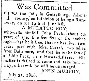 1806 Adams County jailer ad for suspected escaped slave John Peck.