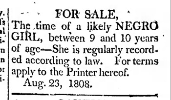 1808 Adams County advertisement to sell a 9-year-old enslaved girl.