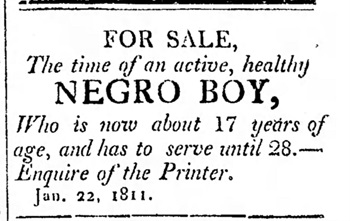1811 Adams County ad to sell an enslaved teenage boy.
