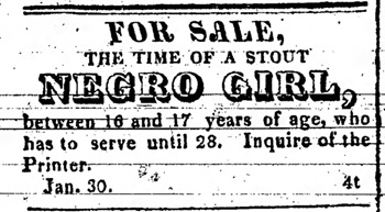 1827 Adams County ad to sell an enslaved teenage girl.