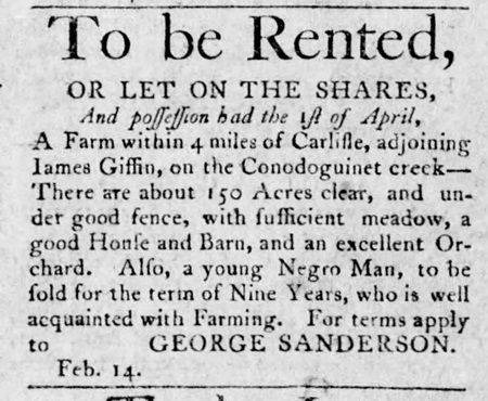 1805 Carlisle advertisement to sell a young man.