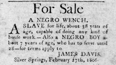 1806 Carlisle advertisement to sell two enslaved persons.