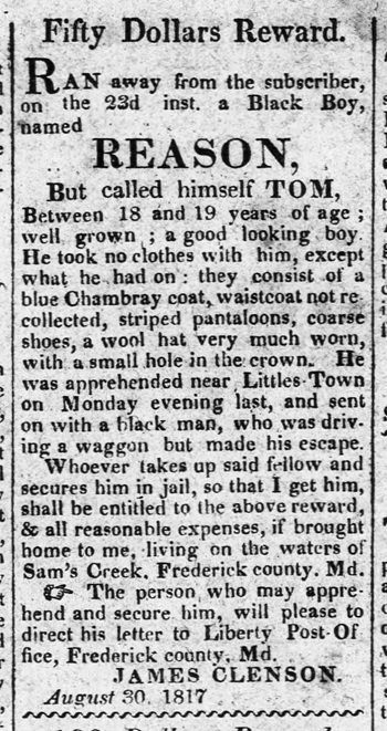 1817 ad for escaped enslaved man Reason, from Maryland.