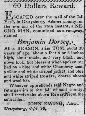 1818 ad from Gettysburg Jailer for escaped prisoner Reason.