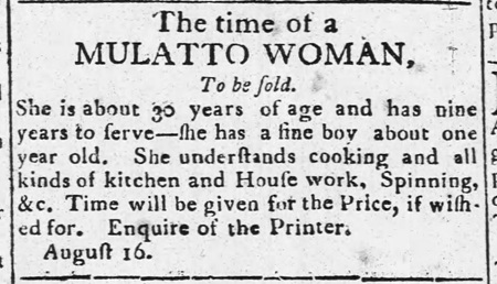 Franklin County PA 1803 anonymous advertisement to sell an enslaved woman and her one-year-old son.