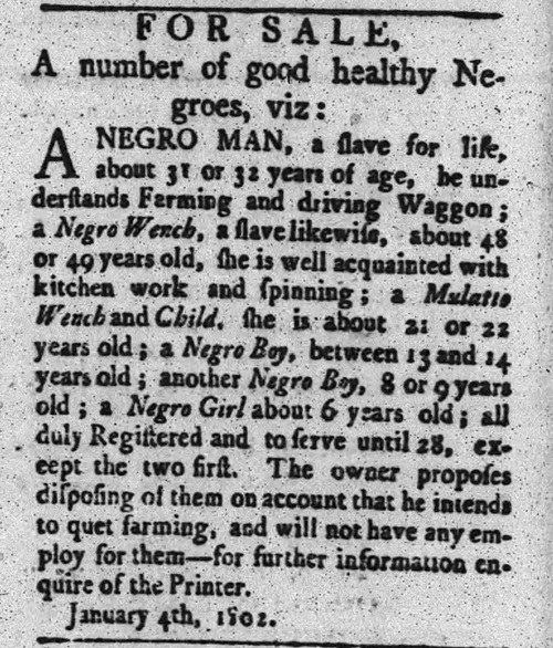 An 1802 advertisement from Carlisle, Pennsylvania, offering seven enslaved people for sale