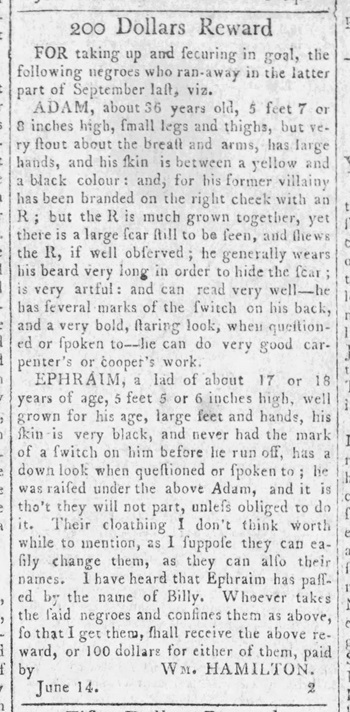 1805 Lancaster Country advertisement for two escaped enslaved men.