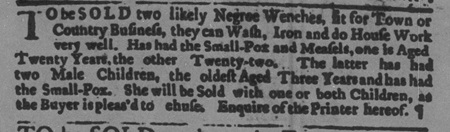 1761 Philadelphia ad to sell enslaved women with or without their children.