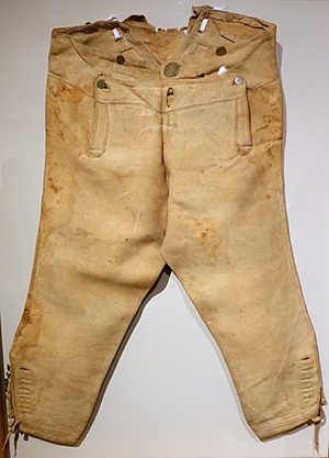 Leather breeches belonging to apprentice housewright working in Charlestown MA, circa 1793, leather, brass buttons - Concord Museum - Concord, MA