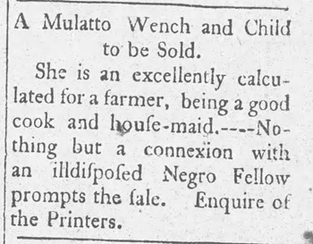 August 1788 advertisement from Carlisle, Pennsylvania offering a woman and child for sale.