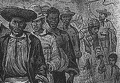 Enslaved persons, chained together in a coffle, are paraded through the streets of Washington D.C. on their way to the slave market. Detail from a larger print in the Library of Congress. 