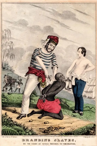 Currier Print 19th century print of slavers branding slaves in Africa before loading them onto slave ships.