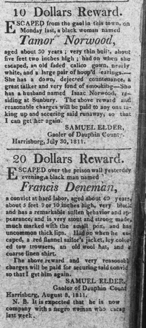 1820 advertisement from Dauphin County, Pennsylvania Jailer Samuel Elder for two escaped Black inmates that he believed are traveling together.
