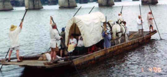 Re-enactment of the Harris-Kelso ferry in operation, July 4, 2000.  (Fred Kelso photo)