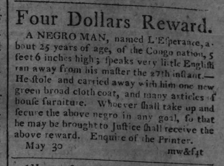 May 1794 escaped slave ad from Philadelphia, for the man named L'Esperance.