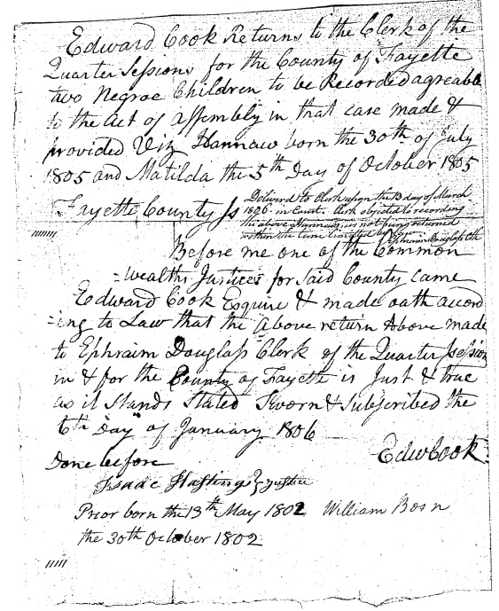Registration of Hannaw, 1806 Return for two enslaved children in Fayette County, Pennsylvania, dated 1806. Document from the Pennsylvania State Archives.