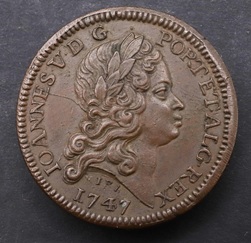 Obverse of a 1747 Johannes, Portuguese gold coin, depicting the bust of Johannes V.