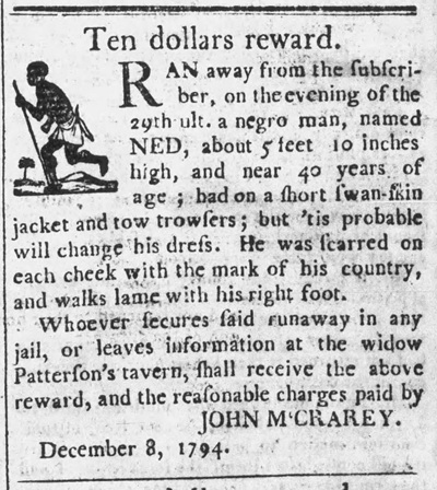 December 1794 Harrisburg, Pennsylvania newspaper advertisement for escaped enslaved man Ned.