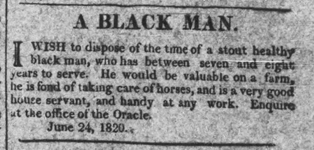 1820 advertisement from Harrisburg, Pennsylvania offering to sell an enslaved young man.