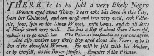 A 1733 advertisement from Philadelphia offering for sale a woman and her two children.