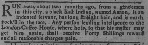 1760 Philadelphia notice of the escape of East Indian man Aaron.