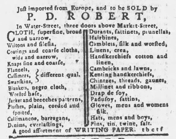 Negro Cloth ad Philadelphia merchant advertisement from 1782 listing imported Negro Cloth among available textiles for sale.