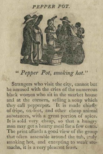 Woodcut of a scene in a Philadelphia market of people gathered around a woman selling pepperpot stew, circa 1810.