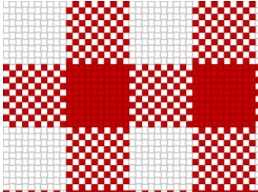 Fabric swatch produced in plain weave, red and white pattern.