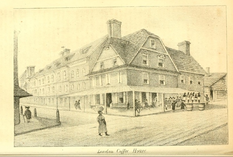 Drawing of London Coffee House in Philadelphia, circa 1830.